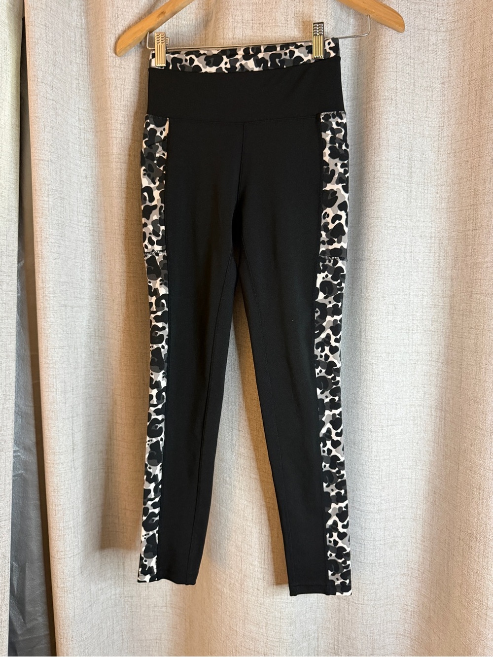 Nicole Miller Sport Black Leggings with Monochrome Leopard Side Panels